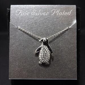 Penguin Necklace, Silver Plated, Clear & Black Rhinestones, NWT, 18 Inches